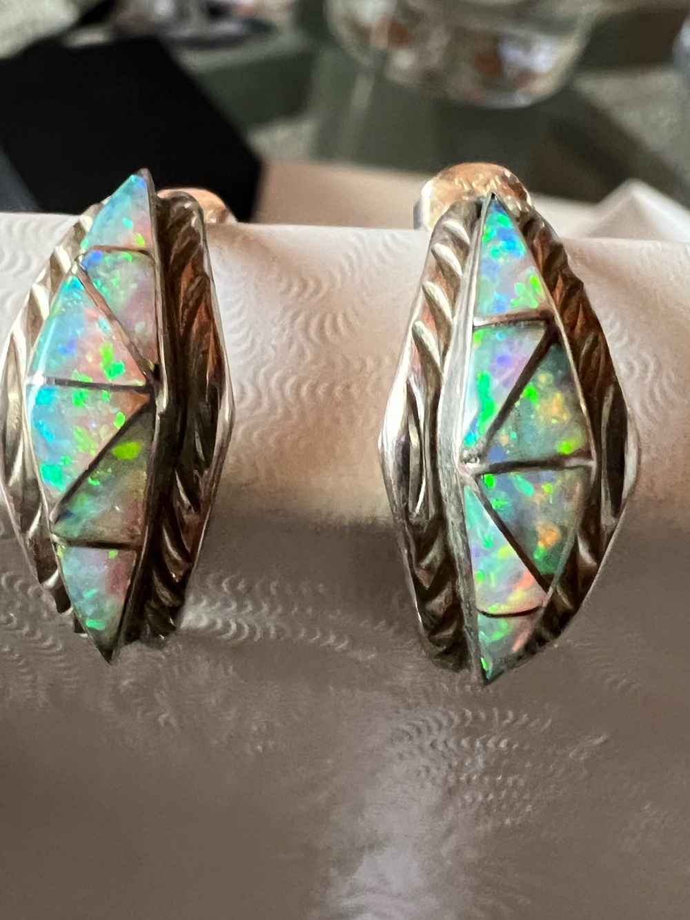 Fire Green Opal Crescent Hoop Sterling Silver Earrings Bright 1” Diameter 4.1gms